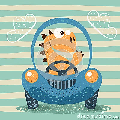 Cute dino drive funny car. Vector Illustration