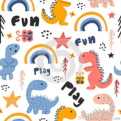 Cute dino hand drawn seamless pattern childish drawing colorful background Vector Illustration