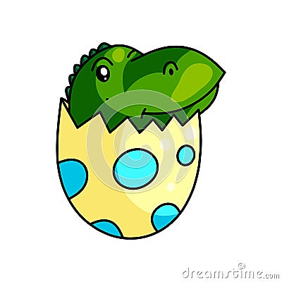 Cute dino kid exit from cracked dotted eggshell Vector Illustration