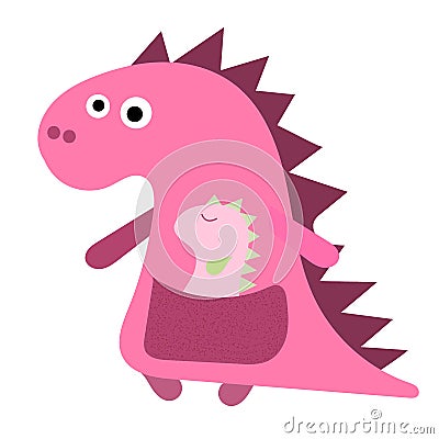 Cute dino mum with with a little dinosaur. Dino pink girl, mum and her baby, flat hand drawn vector character. Cute pink dinosaur Cartoon Illustration