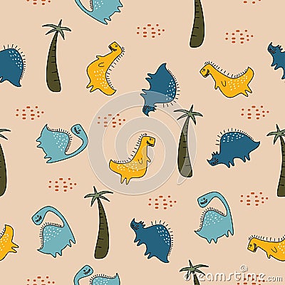 Cute dino seamless pattern for baby and kids vector illustration scandinavian drawing style Vector Illustration