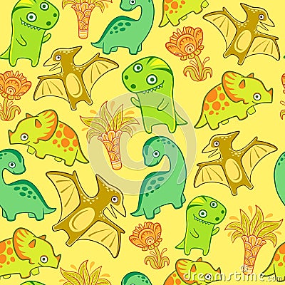 Cute dino set, vector seamless pattern. Funny dinosaurs for nursery. Tyrannosaur pterodactyl triceratops diplodocus Stock Photo