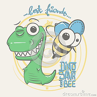 Cute dinosaur and bee drawing for baby fashion Vector Illustration