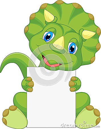 Cute dinosaur cartoon holding blank sign Vector Illustration