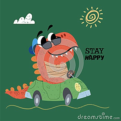 Cute dinosaur drive a car. Best for children designs, tees, birthday flyers and invitations. Dino party template. Vector Illustration