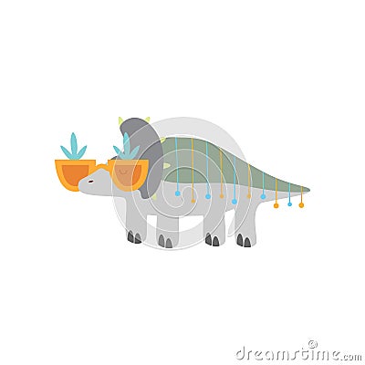 Cute Dinosaur in Funny Glasses, Funny Colorful Triceratop Dino Character, Happy Birthday Party Design Element Vector Vector Illustration