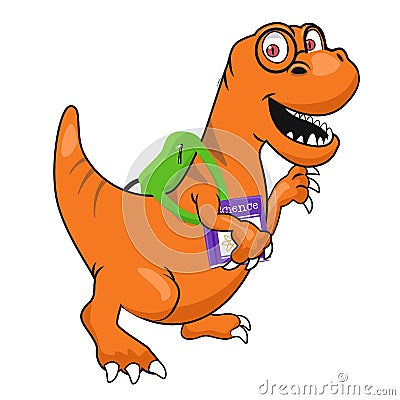 Cute dinosaur with glasses and textbook wearing backpack walking to school Vector Illustration