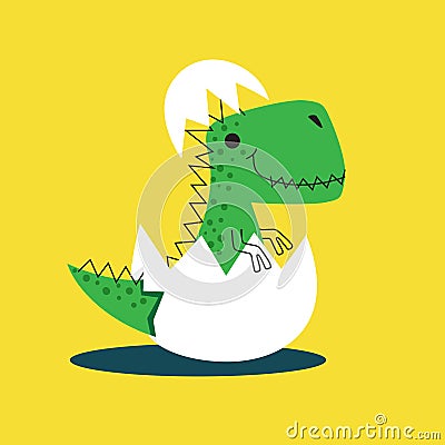 Cute dinosaur hatching from the egg. Dino drawn Vector Illustration