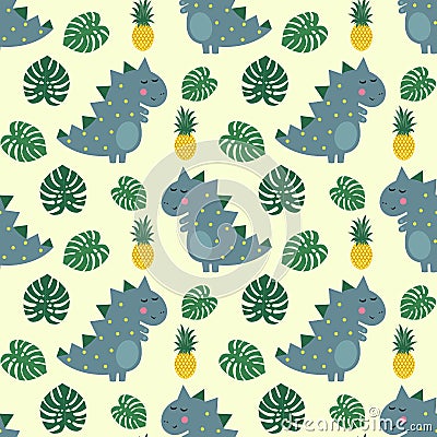 Cute dinosaur with pineapple and palm leaves seamless pattern. Vector Illustration