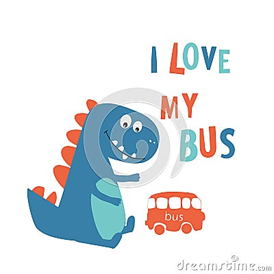 Dinosaur cute smiling. Comic book style, cartoon with words and phrases. Printing clothes, fabrics, postcards. Vector illustration Vector Illustration