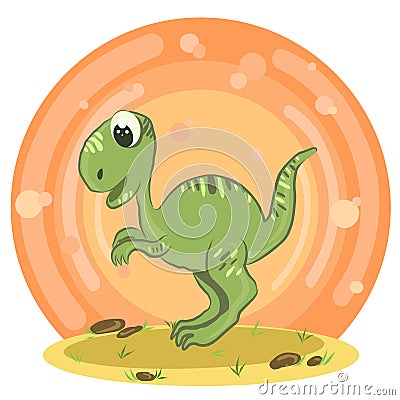 Illustration of a tirex dinosaur on sand with rocks. Orange background with highlights and circles. Vector. Vector Illustration