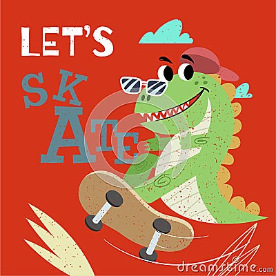 Cute dinosaur skating. Best for children designs, tees, birthday flyers and invitations. Dino party template. Vector Illustration