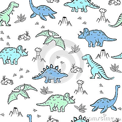 Cute dinosaur vector print for kids. Vector Seamless pattern with cartoon dinosaur. Cute Dino pastel print for party Vector Illustration