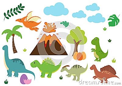 Cute Dinosaurs Cartoon Characters Illustration as Spinosaurus, Parasaurolophus, Stegosaurus, Tyrannosaurus, and Pterodactyl Vector Illustration