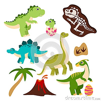 Cute dinosaurs. Cartoon dino, baby dragon in egg, prehistoric monster skeleton, palm tree and vulcan. Funny jurassic Vector Illustration