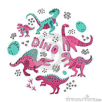 Cute dinosaurs hand drawn color vector illustration in round shape. Dino characters cartoon circle texture. Prehistoric Cartoon Illustration