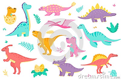 Cute dinosaurs isolated objects set Vector Illustration
