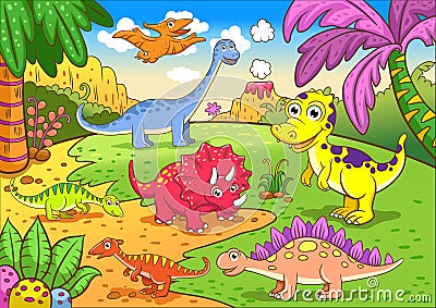 Cute dinosaurs in prehistoric scene Vector Illustration