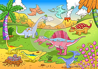 Cute dinosaurs in prehistoric scene Vector Illustration