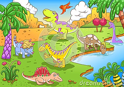 Cute dinosaurs in prehistoric scene Vector Illustration