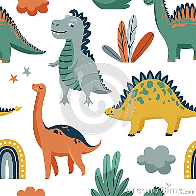 Cute dinosaurs seamless vector pattern with bright color dino, leaves, cloud, rainbow, star on white background. Cool Vector Illustration