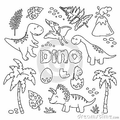 Cute dinosaurs and tropic plants in outline collection Vector Illustration