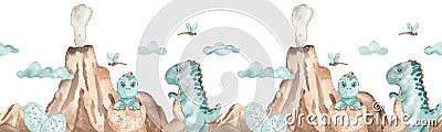 Watercolor seamless border with cute dinosaurs tyrannosaurs, mountains, volcanoes, eggs, clouds Stock Photo