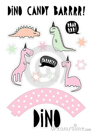 Cute Dinosaurs Vector Candy Bar Illustration. Cake Topper Set. Hand Drawn Pink, Mint Green and Beige Dinos with Black Paper Hats. Vector Illustration