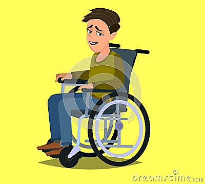 Cute disabled boy kid sitting in a wheelchair. Handicapped person. Colorful flat style cartoon vector illustration Cartoon Illustration