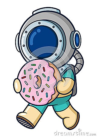 Cute diver carrying a big doughnut Vector Illustration