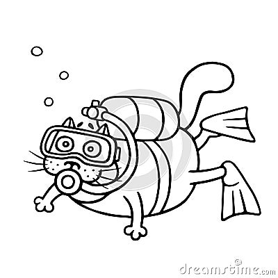 Cute diver cat dived with an aqualung. Vector illustration. Vector Illustration