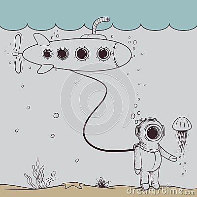 Cute diver dives from submarine to deep sea. Vector Illustration