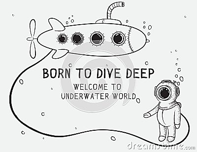 Cute diver dives from submarine to deep sea. Vector Illustration