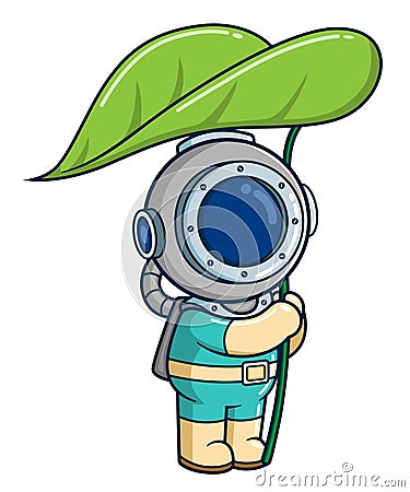 Cute diver holding a big green leaf Vector Illustration