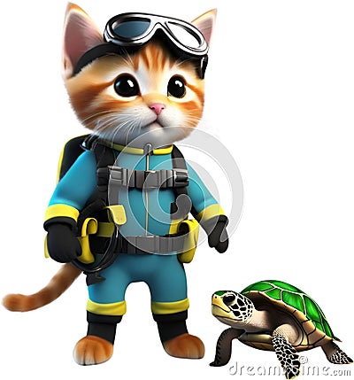 Cute Diver kitten character design. Ai-Generated. Stock Photo