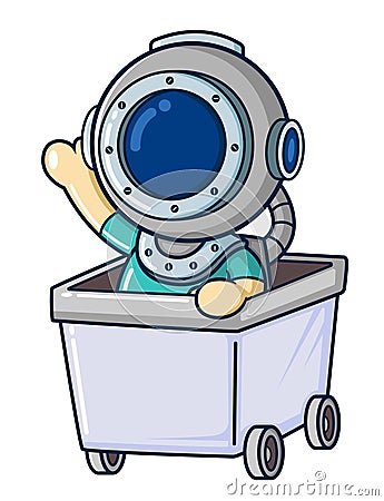 Cute diver playing with box trolley Vector Illustration