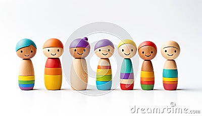 Cute diverse wood figurines with rainbow colors isolated with copy space Cartoon Illustration