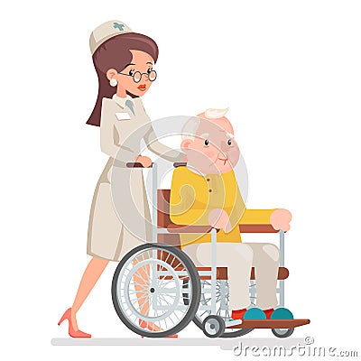 Cute Doctor Attendant Nurse Elderly Caring Wheelchair Old Man Character Sit Adult Icon Cartoon Design Vector Vector Illustration