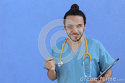 Cute doctor nerd with man bun and copy space Stock Photo