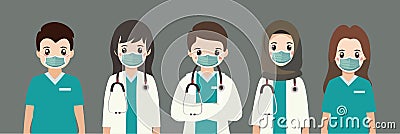 Cute doctors and nurses wearing medical mask Vector Illustration