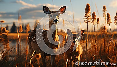 Cute doe grazing in meadow, sunset tranquil beauty generated by AI Stock Photo