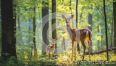 Cute doe standing in green forest, a tranquil wilderness scene generated by AI Stock Photo