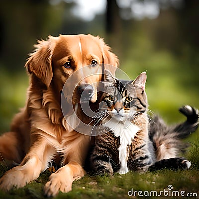 Lovely cat and sweet dog best friends - ai generated image Stock Photo