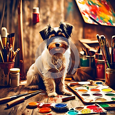 Cute dog artist with artistic tools in jolly vintage style Stock Photo