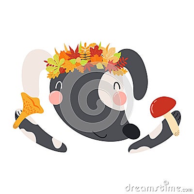 Cute dog in autumn leaves crown holding mushrooms character illustration Vector Illustration
