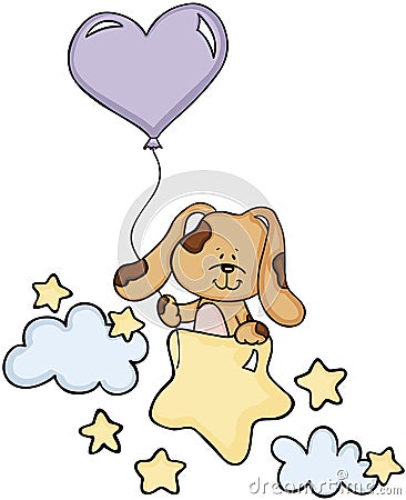 Cute dog with balloon on stars and clouds Vector Illustration