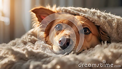 Cute dog in a blanket comfortable cozy Stock Photo