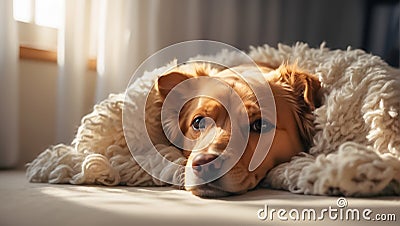 Cute dog in a blanket comfortable cozy adorable Stock Photo