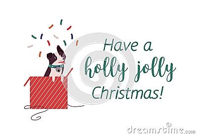 Cute dog, border collie in red giftbox flat illustration. Funny Xmas greeting card design element. Have holly jolly Vector Illustration