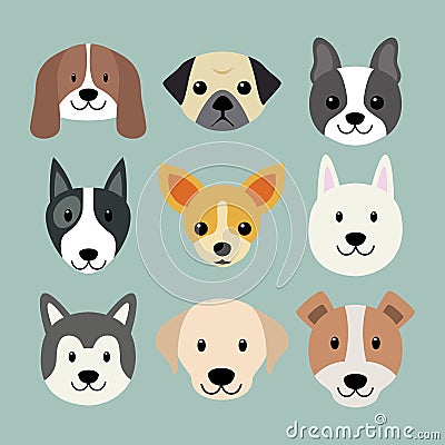 Cute dog breeds amazing flat vector dog face Vector Illustration